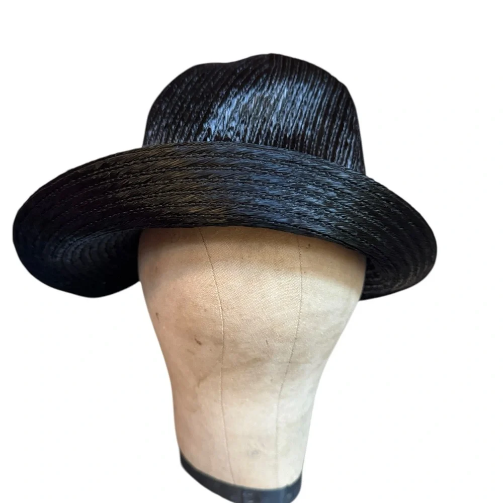 1960s Mr. John Black Straw‎ Bucket Hat w/Cream Brim - Picture 2 of 7